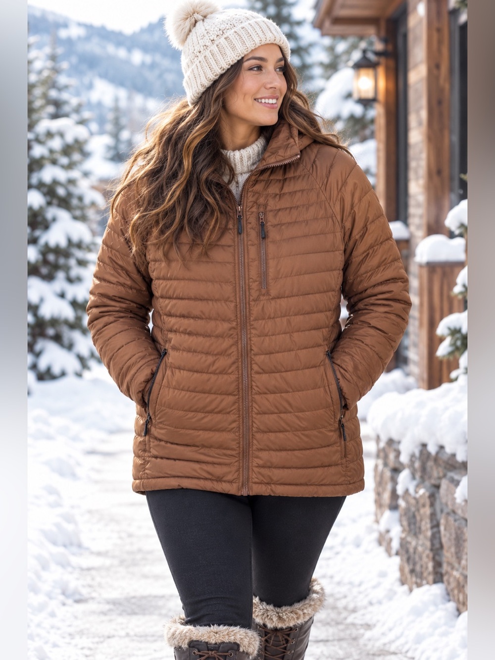 Pulse Womens L Brown Puffer Jacket Quilted Lightweight Zip Pocket Outdoor